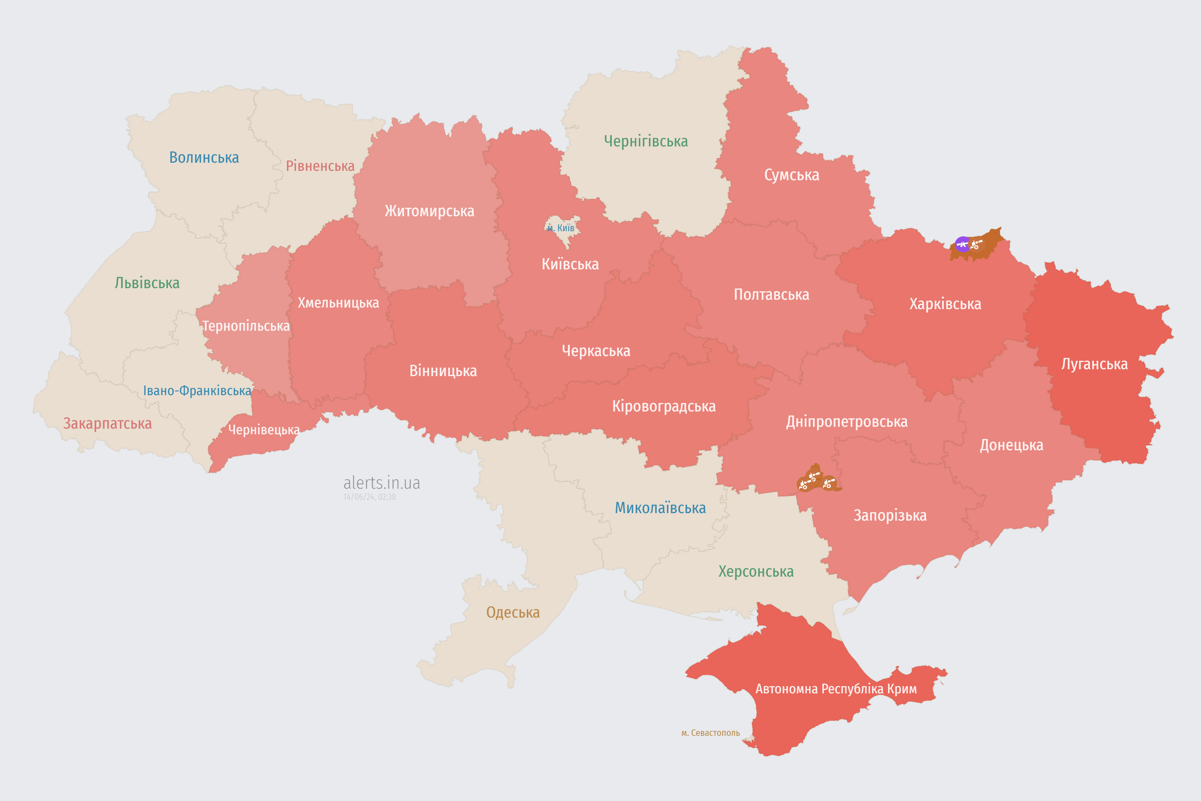 Мапа повітряної тривоги в Україні сьогодні, 14 червня